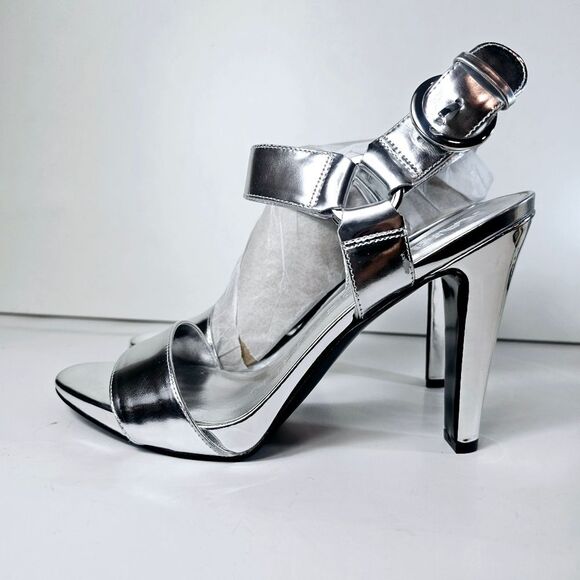 NWT Karl Lagerfeld Cieone Metallic Silver Lame Strappy Heel Sandal Size 7.5 9 - Picture 5 of 12